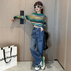 Fashionable Girls Autumn Outfit Set Wide Leg Jeans Two Piece Suit Cute Sweet Style Childrens Clothing Street Style Kids Clothes