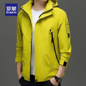 ROMON | Romon Mens Casual Hooded Jacket Outdoor Windproof Waterproof Detachable Spring Autumn Fashionable Polyester Fiber Long Sleeve