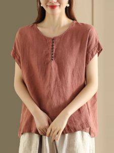 Artistic round Neck Short Sleeve Womens Shirt Loose Fit Linen Blend Casual Top Vintage Style Comfortable Summer Fashion