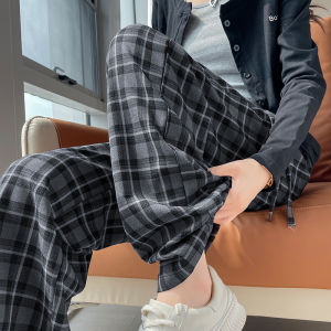 High Waist Wide Leg Pants Womens Spring Autumn Plaid Pants Straight Cut Casual Trousers Narrow Version Drapey Style