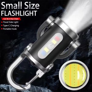 COB LED Mini Flashlight Keychain USB Rechargeable Hanging Portable Emergency Warning Lights Waterproof Keyring Camping Walking Pocket Lamp