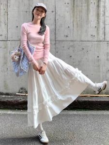 Sweet Style High Waist A-Line Midi Skirt Womens Spring Summer New White Wood Grain Edge Flared Skirt Korean Commute