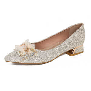French Floral Pearl Flat Wedding Shoes Women 2024 Spring Summer New Bride Gown Show Heel Maids of Honor Shoes Comfortable