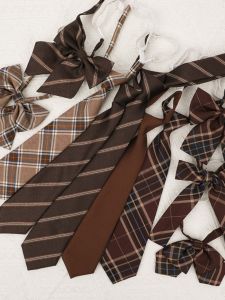 JK Brown Gingham Vintage Stripe Japanese Style Coffee Bean Bag Tie-Free Womens Academic Uniform Bow Tie Preppy Style Mens Fashion