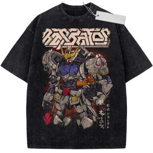 Bandai | Oversize Vintage Washed Gundam T Shirt Mobile Suit Barbatos From Iron Blooded Orphans Anime Graffiti Streetwear Casual Daily