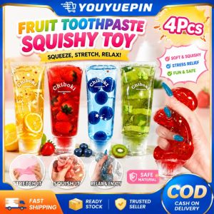 YOUYUEPIN 4pcs Fruit Filled Maltose Toothpaste Stress Relief Toy Soft Slow Rising Squeeze Squishy Fidget Sensory Toy For Kids Adults