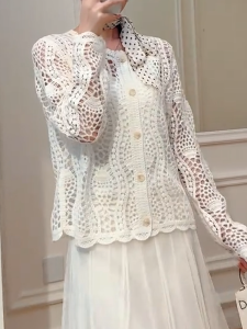QINGNAER | Elegant Hollow Out Lace Round Neck Knit Cardigan Big Size