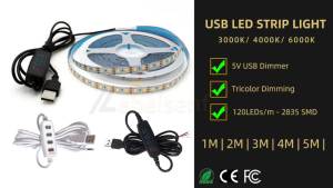 USB Powered 5V LED Dual Color Strip Light Kit 0.5 - 5M 120 LEDs/M 3000K - 6000K CCT 4Key Dimmer for Flexible Lighting Solutions
