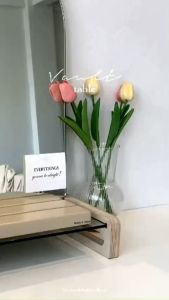 กระจกทรงโค้ง ไร้ขอบ ตั้งโต๊ะ พร้อมฐานไม้ กระจกแต่งหน้า กระจกมินิมอล minimal 🤍