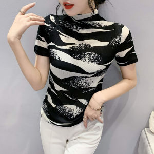 Yimei nửa cổ cao retro Áo phông in hình thời trang nữ 2023 mùa thu Áo sơ mi mặc trong mới ôm vừa đẹp Quảng Châu tay ngắn áo lưới