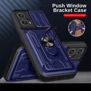 For OPPO Reno8 Reno 8 Pro + Plus Reno8 4G 5G Phone Case Push Pull Window Armor Camera Len Coverage Ring Stand Card Bag Shockproof Casing Protecting Back Cover