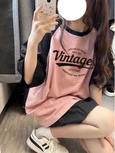 American Fashion Brand Letter Raglan Short Sleeve T-Shirt Female Summer Dopamine Color Contrast Patchwork Pure Cotton Loose Half-Sleeve Top