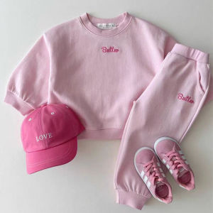 ตัวอักษรเกาหลีเสื้อผ้ากีฬาเด็กทารกฤดูใบไม้ผลิและฤดูใบไม้ร่วงผ้าฝ้ายเสื้อ + กางเกงเด็กผู้หญิงสบายๆสีทึบชุด 2PS