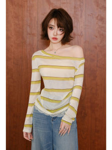 MIUCO | Áo Off-Shoulder Sọc Đẹp Dáng Viền Ren Tencel Merino Wool