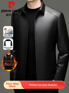 Pierre Cardin | Warm Detachable Collar Leather Coat for Men