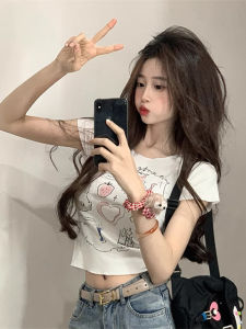 Hot Girl Graffiti Print White Short Sleeve T-Shirt Womens Summer Slimming High Waist Casual Short Length Trendy Top