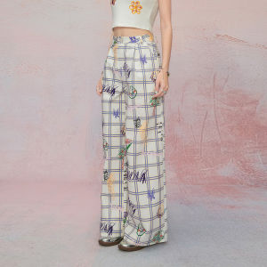 SEENFAAN Summer New Graffiti Plaid Wide Leg Casual Pants Womens Design Trendy Drawstring Natural Waist Cotton Straight Leg