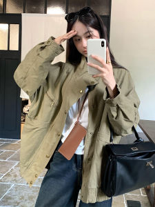 Dorothy Home Washed Vintage Lazy Shoulder Workwear เสื้อแจ็คเก็ต ผู้หญิง หลวม ลำลอง แขนยาว เสื้อโค้ท ปกตั้ง กระดุมแถวเดียว