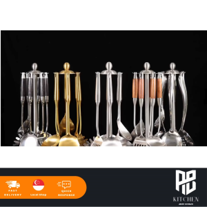 [AB Kitchen] Stainless Steel Kitchen Utensils Set / All Metal Cooking Utensils with Countertop Rotating Holder Stand