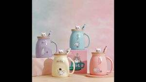 Kawaii Tea Cup Cute Cat Ceramic Coffee Mug with Kitty Lid and Spoon Japanese style Novelty Gifts for Women Cat lover Gifts 16oz