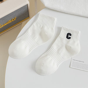 Tất Ngắn Màu Hồng Cotton Nguyên Chất Cho Nữ Mùa Xuân Hè Thể Thao Màu Trắng Phong Cách Đại Học Tất Ngắn Chữ C Tất Thấm Mồ Hôi