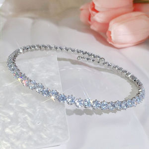 Sequito rực rỡ trang sức nữ Inlay cắt tròn aaaaa đá Cubic Zirconia mạ bạc quý phái cô dâu tiệc cưới chuỗi dây có thể điều chỉnh vòng cổ dây đeo ôm sát cổ sn031