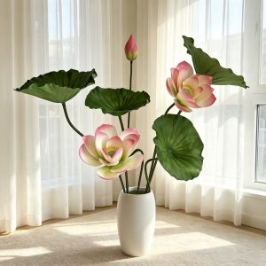 Artificial Pink Lotus Flower Arrangement Waterproof Fake Flowers with Leaves for Ponds Swimming Pools & Living Room**