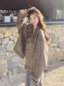 Khaki Suede Short Jacket Womens Loose Batwing Sleeve Design Vintage Style Polyester Fiber Casual Fashion Autumn New Arrival