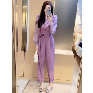 Spring Youthful One-Piece Suit Womens Thin Korean Style Slim Fit Waist Cinched Belted Drapey Pantsuit Fashionable Ensemble