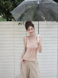 THROUS | Áo thun nữ mùa hè vải lưới hai lớp xếp ly thắt eo dáng ôm