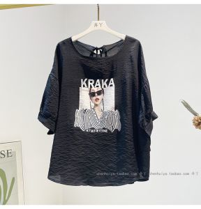 เสื้อยืดแขนสั้นผู้หญิงฤดูร้อนปี 2025 ทรงหลวมพิมพ์ลายเกาหลี ทรงหลวม เสื้อแขนสั้น ผ้าฝ้ายผสมโพลีเอสเตอร์