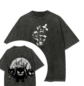 Bandai | Pokemon The Starters Abbey Road Parody T Shirt Men 2026 Summer Vintage Acid Wash Oversized Tee Anime Streetwear