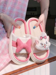 Sweet Linen Slippers Thin Stripes Home Leisure Cartoon Style Womens Slip-On Shoes Anti-Slip Floor Shoes Comfortable Spring Summer