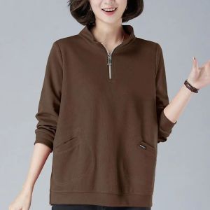 Pure Cotton Zipper Sweatshirt Womens Spring & Fall Korean Style T-shirt Middle-Aged Ladieswear Pocket Long Sleeve T-Shirt Oversize Cover Belly Womens Top