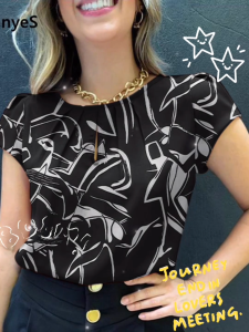 Womens Casual Tops Business-style Printed Slim-fit Fashionable Round-neck Shirt T-shirt For Work 2211