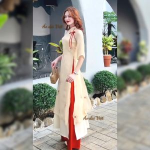 Áo Dài Việt Phong Cách Thổ Cẩm 4 Tà Tơ Thêu Hoa Sang Trọng