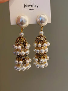 ต่างหูไข่มุกสไตล์ฝรั่งเศสย้อนยุคแบบดั้งเดิมสำหรับผู้หญิง ต่างหูทรงหยดน้ำทองแดงโบราณ ดีไซน์เก๋ไก๋ ต่างหูแบบห้อยระยิบระยับ