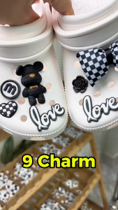 Bộ 9 CHARM STICKER - Gấu Love - Phụ kiện dễ thương cute nhựa mềm gắn giày dép lỗ - Sẵn nút gắn