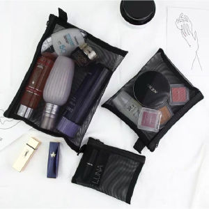 3 Sizes Portable Travel Make Up Storage Bag Black Mesh Cosmetic Bag Carry on Cosmetic Storage Bag