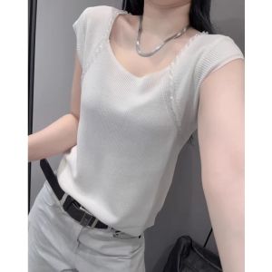 WANGGONGZHU | Ice Silk Knitted Top Womens Summer New Style Slim Fit Design Show Clavicle Heavy Work Beads Commute Style Korean Version
