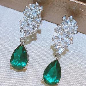Huitan Waterdrop Green CZ Flower Dangle Earrings for Women Gorgeous Brilliant Female Ear Accessories Wedding Party Trend Jewelry