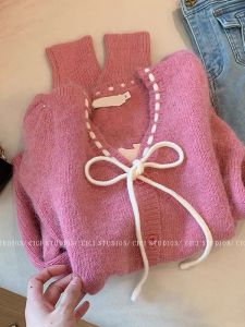 Gentle Style Sweet French Style Cardigan Sweater: Pink Atmosphere Bows & New Fall & Winter Trends