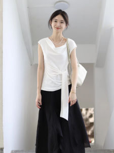 YUEZHONGWEI | French Style Asymmetric Hem Short Sleeve Knitted T-Shirt Women Summer Waist Cinched Belt High End Feeling Top White Color