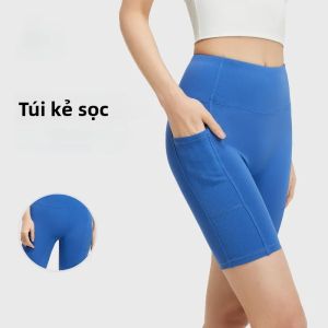 Quần Short Tập Yoga Nữ Cạp Cao Chất Liệu Co Giãn Dài Đến Giữa Đùi Có Túi Bên Ôm Dáng Màu Trơn Phong Cách Thể Thao
