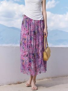 Summer High Waist Thin Silk Half Skirt Womens Fashionable A-Line Print Wrap Waist Slimming Skirts Elegant Medium Length