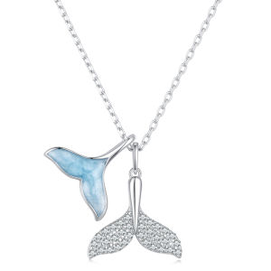 BAMOER 925 Sterling Silver Sky Blue Enamel Whale Tail Pendant Necklace Double Fish Tail Neck Chain for Women Fine Jewelry BSN294