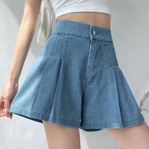 DFRCAEG 2024 Summer Plus Size Denim Shorts For Women High Elastic Waist Blue Or Sky Blue Pleated Mini Large Size Short Femme