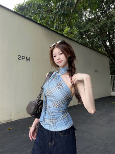 Blue Checkered Slim Fit Womens Vest Neck Hanging Design Summer Outerwear Top Trendy Commuter Style Regular Length Sleeveless