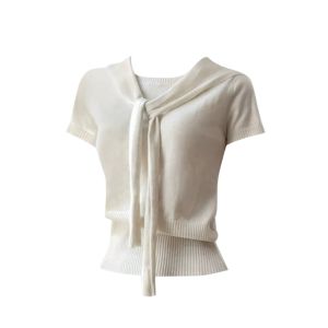YUEZHONGWEI | French Style Shawl Belted Knitted Ice Silk Short Sleeve T-Shirt Women Summer Slimming Short Length Top Shoulder Width Regular