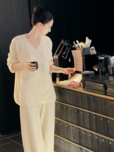 White Casual T-Shirt Set Korean Style Loose Feelings Commute Wind Long Pants High Waist Straight Leg Polyester Fiber Suit